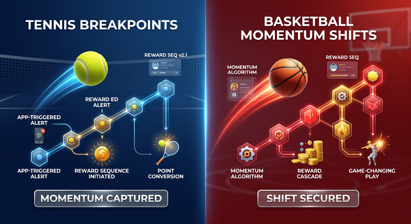 Mobile App Schnittstelle zeigt Tennis Breakpoint Belohnungen und Datenfluss