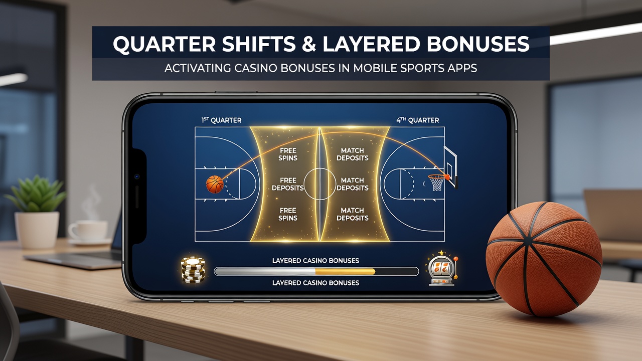 Mobile App-Oberfläche mit Basketball-Viertelwechsel und gestaffelten Casino-Boni