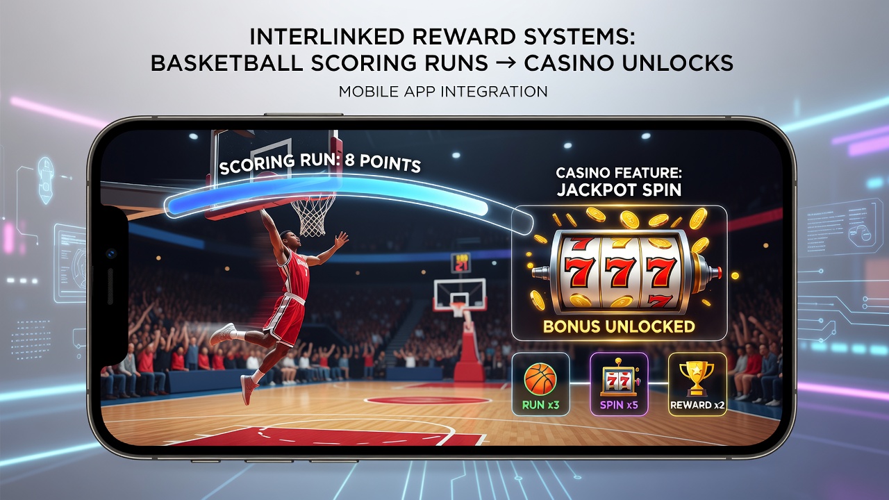 Darstellung eines mobilen Bildschirms mit verknüpften Belohnungssystemen für Basketball und Casino-Features