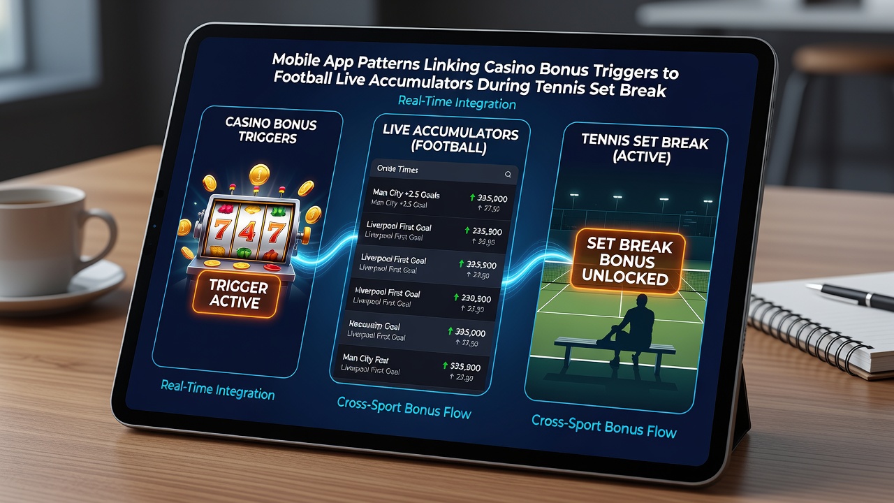 Dashboard einer mobilen Wett-App mit Verknüpfung von Tennis-Breakpoints, Casino-Boni und Fußball-Live-Akkumulatoren