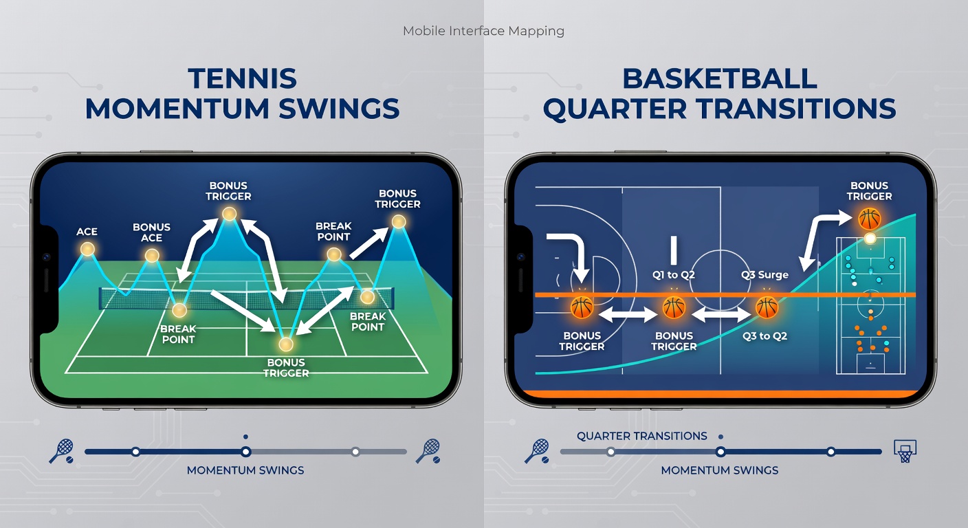 Mobile App-Oberfläche zeigt Echtzeit-Bonus-Trigger bei Tennis-Momentum-Wechseln und Basketball-Viertelübergängen
