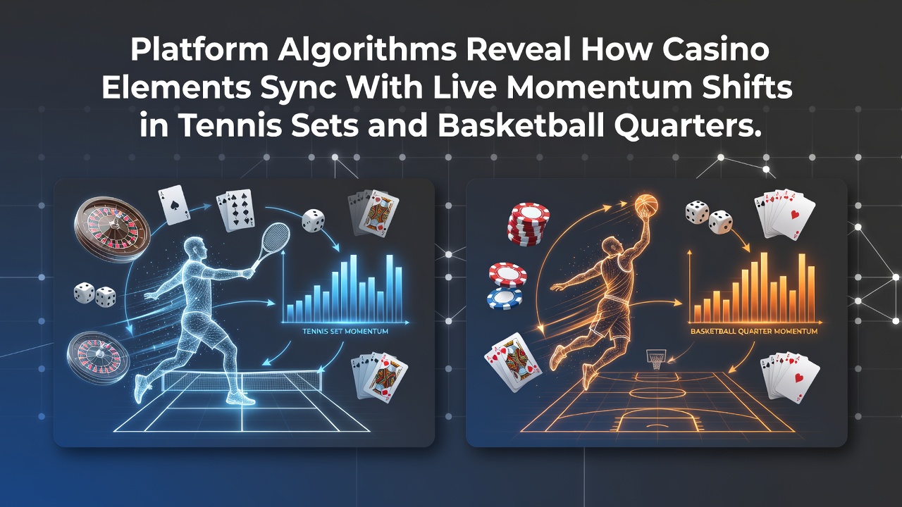Visualisierung von Plattformalgorithmen, die Casino-Elemente mit Tennis- und Basketball-Momentum synchronisieren
