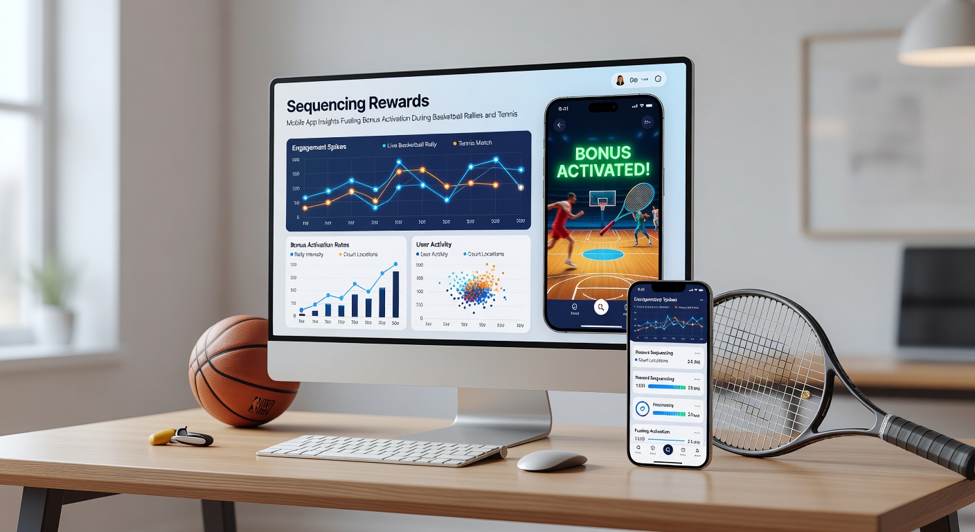 Tennis Breakpoint Szene mit mobiler App Darstellung von gestaffelten Bonus-Aktivierungen und Datenvisualisierungen